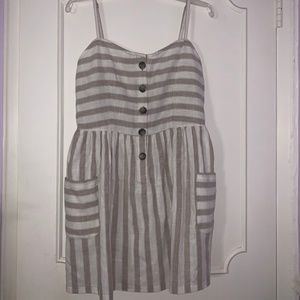 Tan and White Striped Button Front Mini Dress
